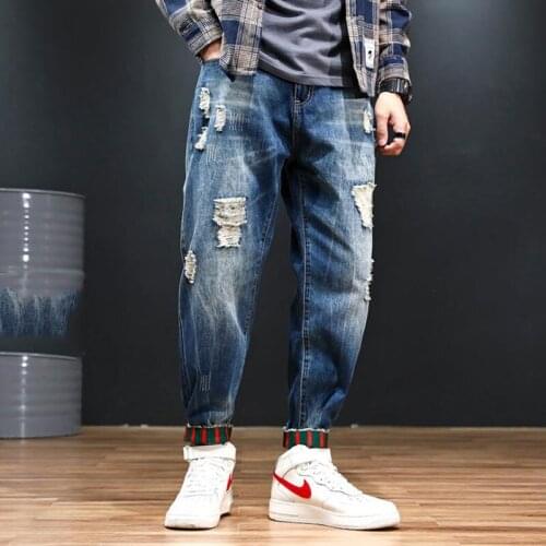 2021 Mens Ripped Jeans Streetwear Harem Pants Fashion Hip Hop Hole Loose Blue Black Ankle-Length Denim Trousers Plus Size 42 48