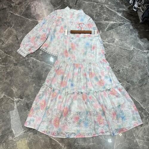 Set Runway Fashion Lace 2021 Spring Designer New Arrival Flower Embrodiery Turtleneck Blouse+Ruffles Long Skirts Sets