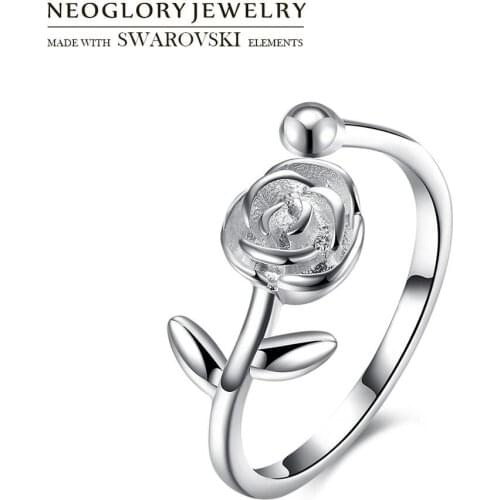 Neoglory S925 Sterling Silver Rose Flower Leaves Resizable Free Size Finger Ring Valentines Day Gift Anillos Party Lady