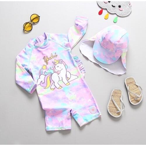 New 2020 Girls Swimsuit One Piece Chidlrens Swimwear 2-8years Unicorn Style Girls Swimwear Bathing Suit With Hat CZ1021