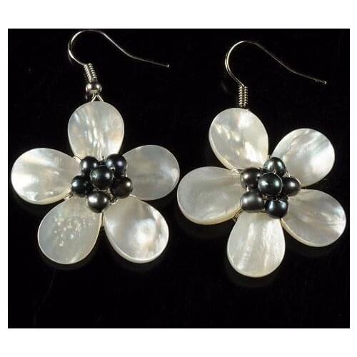 New Arriver Shell Pearl Flower Earrings, Black Freshwater Pearl Shell Flower Handwork Dangle Earrings,S925 Silvers Jewellery