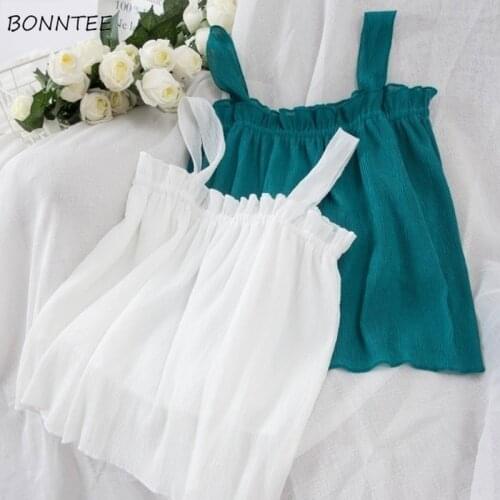 New Tanks Women Loose Short Ruched Solid Simple Chiffon Korean Style Summer Harajuku Vintage Tops Lovely Leisure Sexy BF Fashion