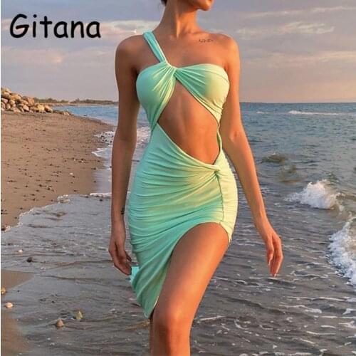 Gitana 2021 Summer Sexy Hollow Out Split Oblique Shoulder Midi Dress Women Solid Ruched Backless Sleeveless Party Club Dresses