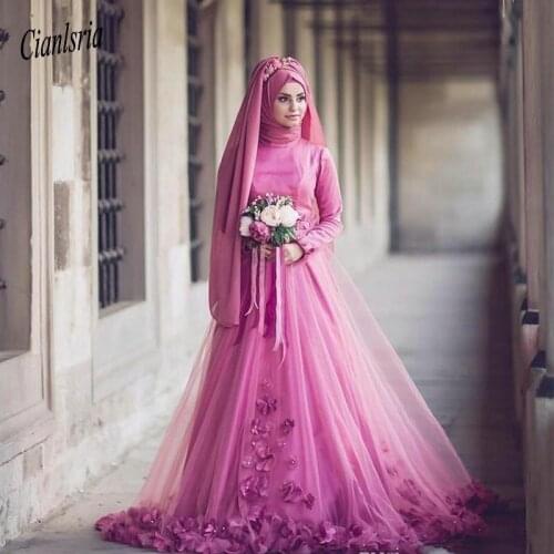 Elgant A Line High Neck Evening Dresses Fuchsia 3D Flora Appliques Long Sleeve Muslim Dubai Araby Style Formal Occasion Dress
