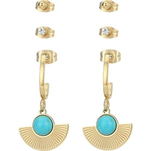 Natural Stone Stainless Steel Fan Drop Dangle Earrings for Women Geometric Balls Earrings Set aretes de mujer Trendy Jewelry