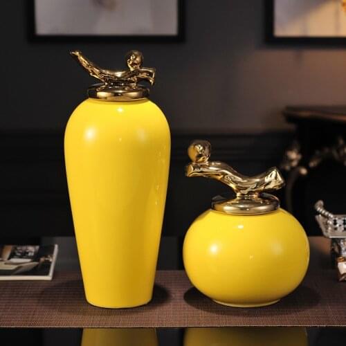 Yellow ceramic Creative storage jar home decor TV cabinet crafts room decoration porcelain figurine vintage Decorative cans gift