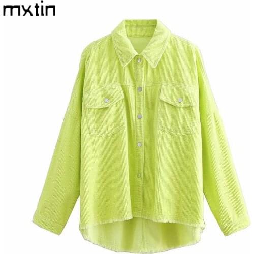 2021 Women Vintage Pockets Oversized Corduroy Jacket Coat Fashion Autumn Long Sleeve Frayed Tassel Female Outerwear Casual Top