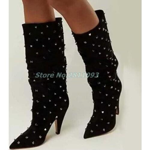 Newest Spike Heels Knee High Boots for Woman Sexy Pointed Toe Rivets Studded Big Size Autumn Shoe Runway Fashion Boots