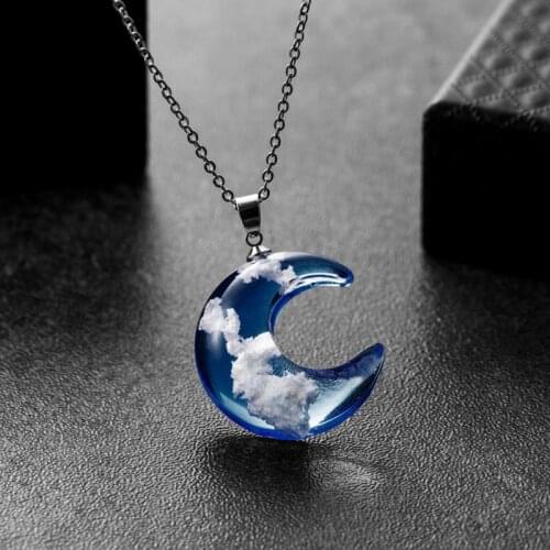 Chic White Clouds Blue Sky Resin Glass Moon Pendant Necklace For Women Jewelry LX9E