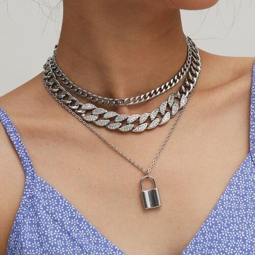 Punk Exaggerated Thick Chain Lock Pendant Necklace Women Vintage Multilayer Geometric Rhinestone Necklace Pendant Jewelry Kolye