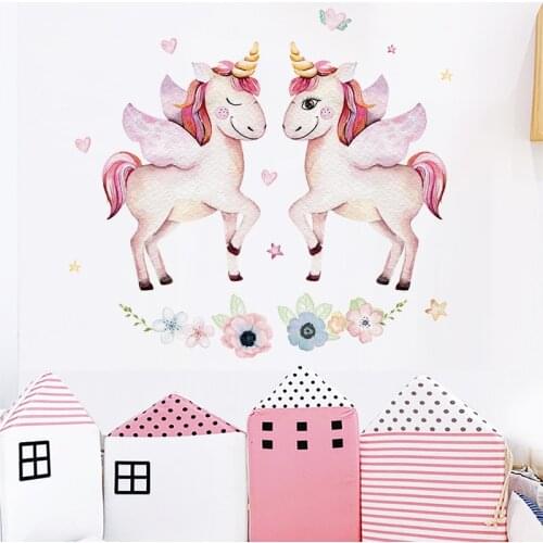 2 Cute Unicorn Cartoon Wall Stickers DIY Flowers Sricker for Childrens Baby Room Kindergarten Wall Decoration Home Decorative