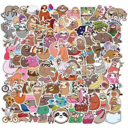 50/100PCS Cute Sloth Animal Laptop Stickers Cartoon Waterproof Sticker for Kid DIY Bike Guitar Fridge Car Relax Life Funny Decal