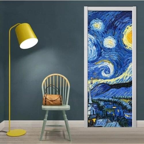 Starry Night Door Stickers Home Decoration Wall Stickers Retro Van Gogh Paintings Plant Door Decals Bedroom Living Room Mural