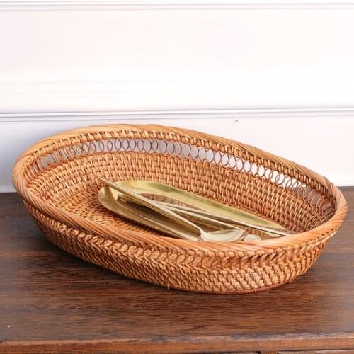Eco-Friendly Hand Woven Rattan Basket Food Sundries Organization Reusable Kitchen Organizer Breakfast Display Box Home Decor