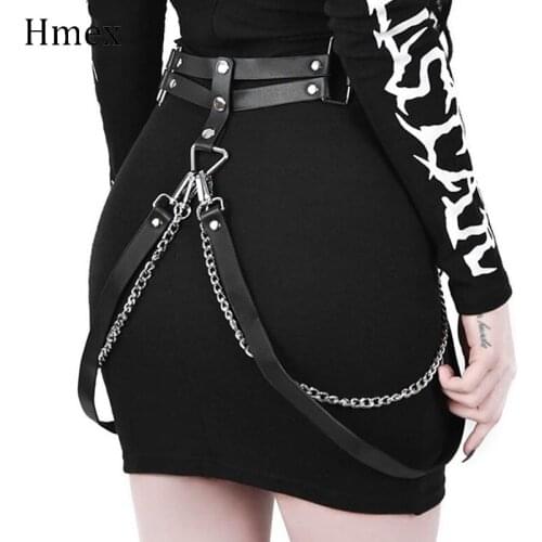 Goth Double Layer Leather Garter Belt Chain Sexy Women Metal Chain Belt Punk Body Bondage Suspenders BDSM Harness