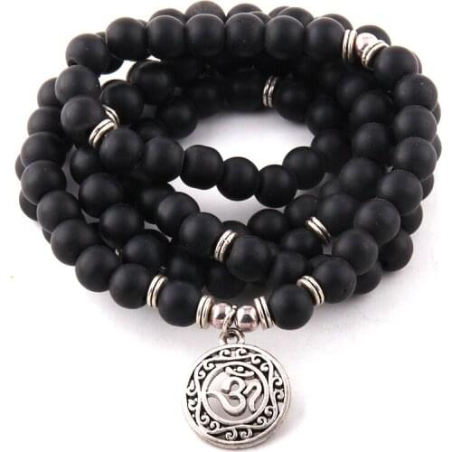 Fashion Jewelry 108 Black Beads Stone With Stone Lotus / OM Charm Yoga Bracelets & Necklace M