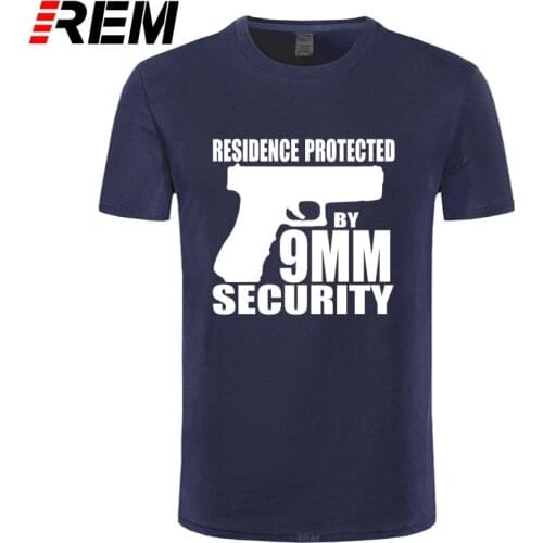 REM Mens T Shirts Fashion Game Pistol RESIDENCE PROTECTED BY 9MM SECURITY Letter Funny Print Cotton T Shirt Men