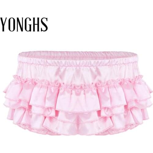 Mens Sissy Panties Shiny Satin Ruffled Bloomer Tiered Skirted Underpant Sissy Briefs Underwear Lingerie Crossdresser for Sex