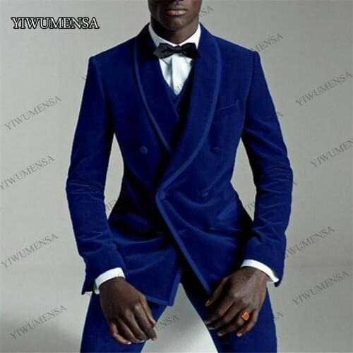 YIWUMENSA Royal Blue Velvet 3 Pieces Coat Vest Pants Mens Suits For Wedding Double-Breasted Blazer Shawl Lapel Tuxedos Male 2021