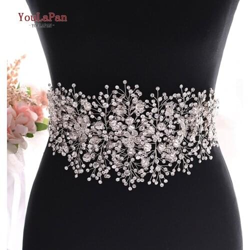 TOPQUEEN SH240 Wedding Dress Accessories Silver Diamond Belt Bridesmaid Rhinestone Belt Alloy Flower Belt Evening Dress Belt