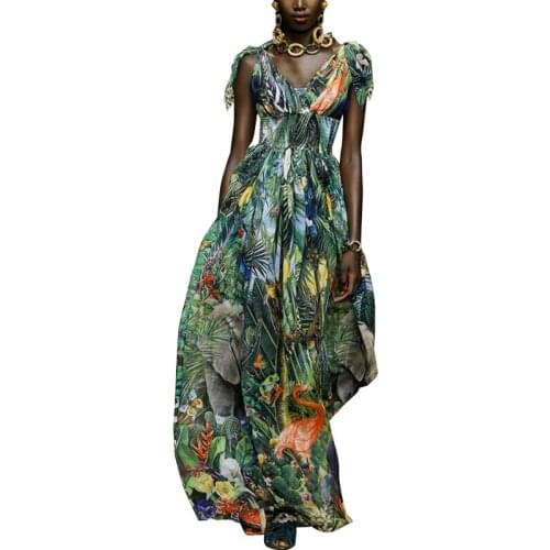 S-XL High Quality 2021 Summer New Fashion Flamingo Flower Print Elastic Waistline Shoulder Bow Sling Slim Womens Dress