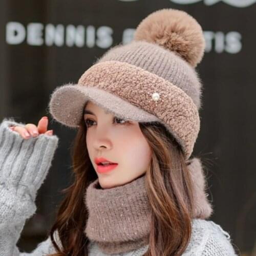 Womens winter hat Ski brand Big Fur pom poms ball Knitted hats scarf hat set Winter women Beanie Hat Warm Skullies female cap