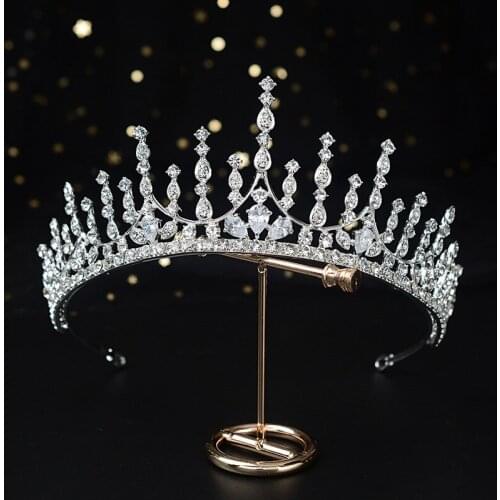 SLBRIDAL Alloy Rhinestone Crystal Cubic Zirconia Flower Wedding Tiara Princess Crown Bridal Hair Accessories Women Dress Jewelry