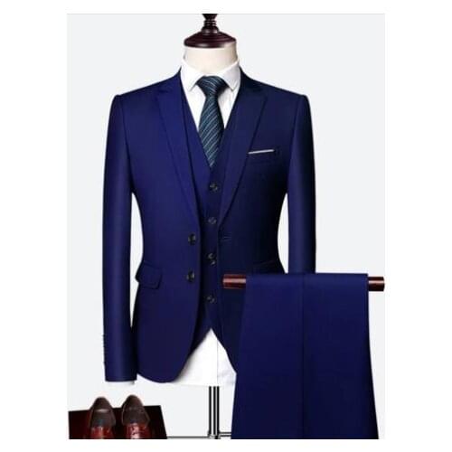 Costume Homme Dark Blue Men Suits Formal Business Jacket Slim Fit Male Suits Groom Wear Wedding Suit 3 Pieces (Blazer+Pant+Vest)