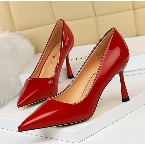 BIGTREE Fashion Simplicity Heels Bright Side Patent Leather Shallow Mouth Pointed Head Thin High Heel Womens Shoes Large Size