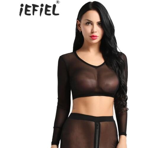 Women Clothing Mesh See Through Sheer Fashion Crop Tops Short T-shirt Cover Up Club Party Tops for Femme Cocktail Dancewear