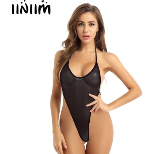 Womens One-piece Exotic Teddies See Through Sheer Mesh Lingerie Hollow Out Sleeveless Backless High-cut Thong Bodysuit Clubwear