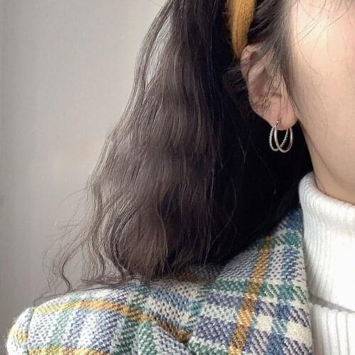 Simple Design 925 Silver Needle Double Layer Loop Twist C Hoop Stud Earring Layered Circle Round Earrings For Women