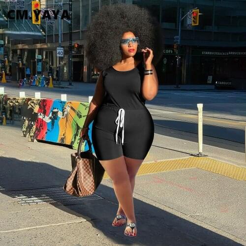 CM.YAYA Women Plus Size Playsuit Solid Sleeveless Drawstring Waist Stretchy Bodycon Playsuits Casual Rompers Summer Outfits 2021
