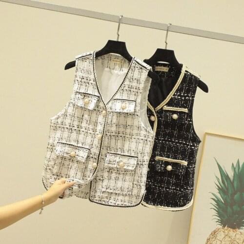 Elegant Tweed Vest Femme 2021 Pearl Buttons Pockets Casual Women Coats Mujer Jackets Black White Vintage Cute Outwears V Neck