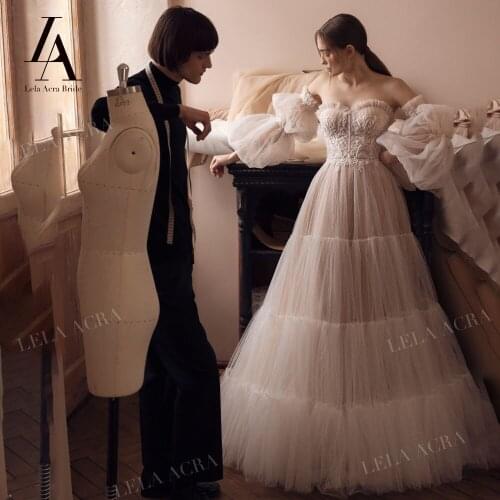 LelaAcra Strapless Wedding Dress 2022 Vintage 2 In 1 Puff Sleeve Backless A-Line Princess Bride Gowns R115 Vestido de Noiva