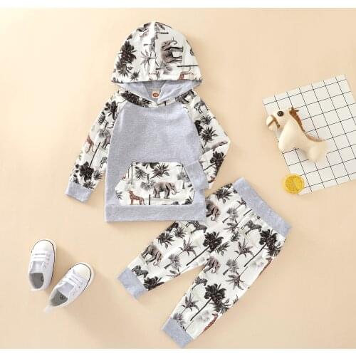 2 Pcs Baby Spring Autumn Tracksuit Color Block Outfits Animal Print Long Sleeve Hoodie Tops + Trousers Set Baby Boys Clothes