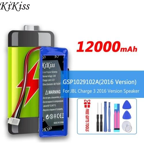 KiKiss High Capacity 12000mAh GSP1029102A (2016 Version) replacement Battery for JBL Charge 3 Charge3 2016 Version Speaker