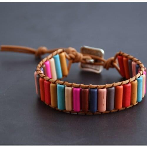 Chakra Bracelet Jewelry Handmade Multi Color Natural Stone Tube Beads Genuine Leather Wrap Bracelet Couples Bracelets Best Gift