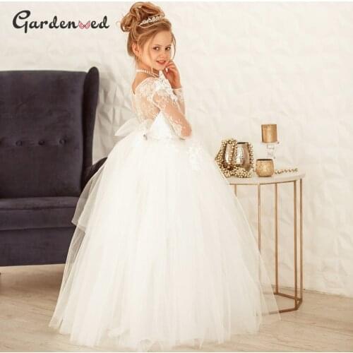 Ivory Lace Flower Girl Dresses Long Sleeve Princess Dress Tulle Net Bow Kids Communion Dresses Bow Net Girl Birthday Party Dress
