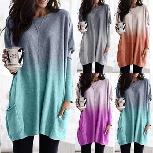 2019 explosion models Europe and the United States gradient long-sleeved casual pocket T-shirt shirt womens clothing