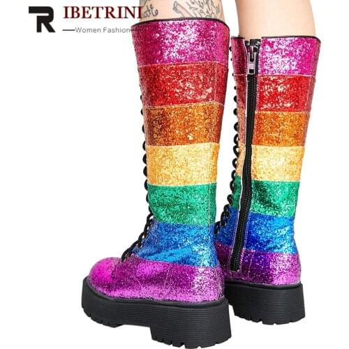 RIBETRINI Mixed Colors Fashion Women Shoes Women Lace Up Winter Platform Design Boots Mid Calf Warm Plush Comfy Boots