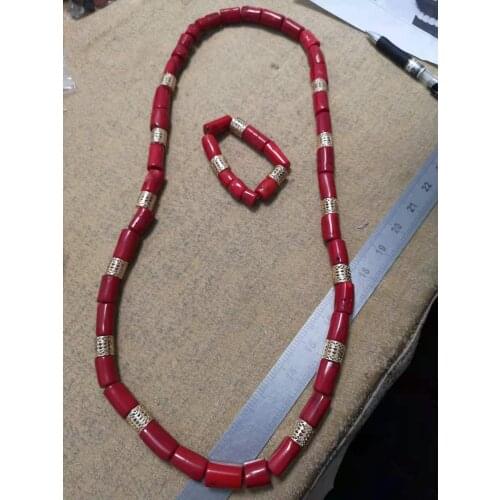 40 inches Red Coral Necklace Set Red and Gold African Wedding Beads Jewelry Set Anniversary Party Men Coral Jewelry Set CNR905