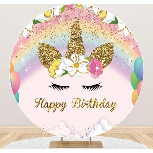 Circle Round Backdrops For Photography Gold Unicorn Birthday Party Flower Customzied Poster Photocall Photo Backdrop Photostudio