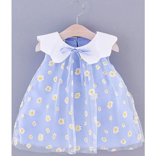 2021 Summer Girls Sweet Dresses for Infant Baby Girls Clothing Floral Mesh Lovely Lapel Sleeveless Chldrens Dress 6M-3T