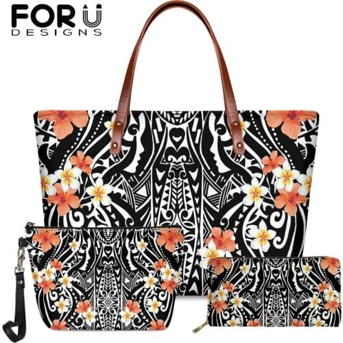 FORUDESIGNS 2021 Hot Black Shoulder Bag And Wallet Set for Woman Polynesian Tattoos And Plumeria Hibiscus Print Femme Casual Sac