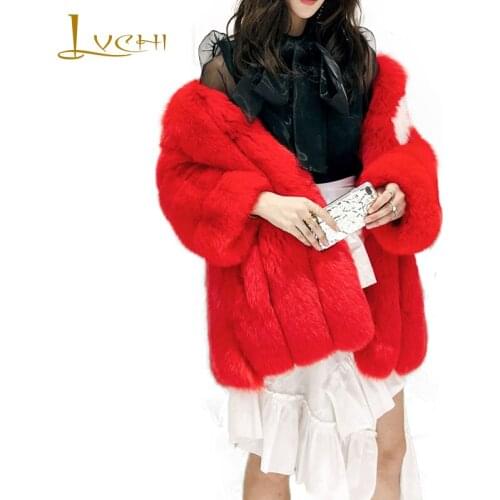 LVCHI 2019 Winter Import Real Fur Coats Natural Fox Fur Coat O-Neck Red Print White Womens Thick Short Waving Fox Fur Coats