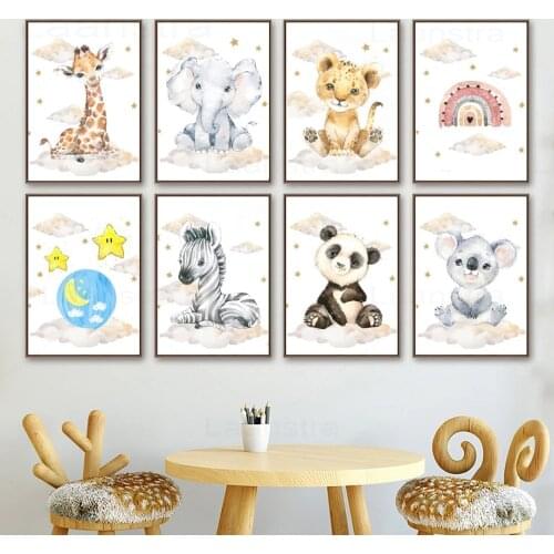 Cute Cartoon Canvas Painting Giraffe Elephant Zebra Posters and Prints Stars Moon Childrens Room Wall Pictures for Living Room