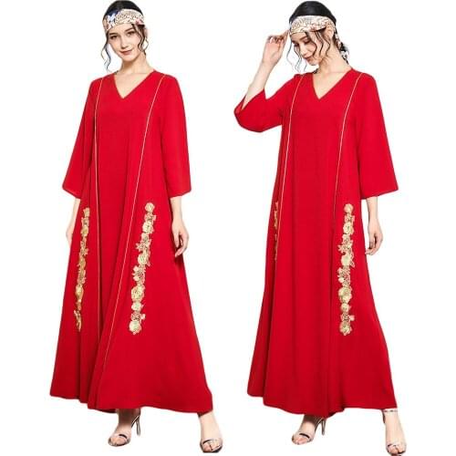 Fashion Embroidery Kaftan Abaya Dubai V-Neck Maxi Dress Muslim Women Long Party Gown Jilbab Islamic Loose Cocktail Caftan Robe