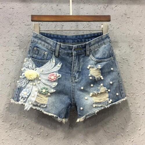Summer Fashion Designer Women Female Embroidery Pearls Denim Hot Shorts , Appliques Tassel Low Waisted Jeans Shorts For Woman
