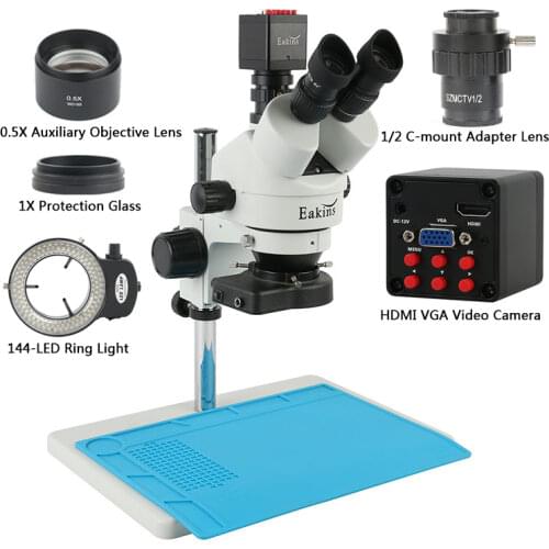 3.5X 7X 45X Simul Focal Trinocular Stereo Microscope 13MP 1080P HDMI VGA Camera 144 LED Ring Lamp For IPhone Soldering Repair